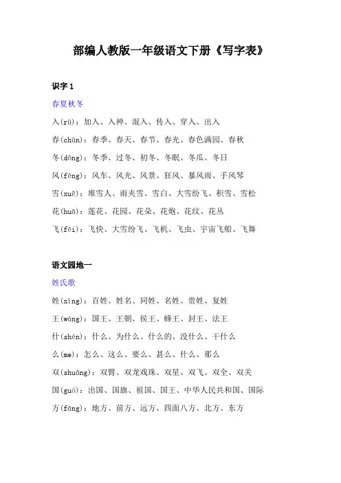 部编人教版一年级语文下册《写字表》注音及组词