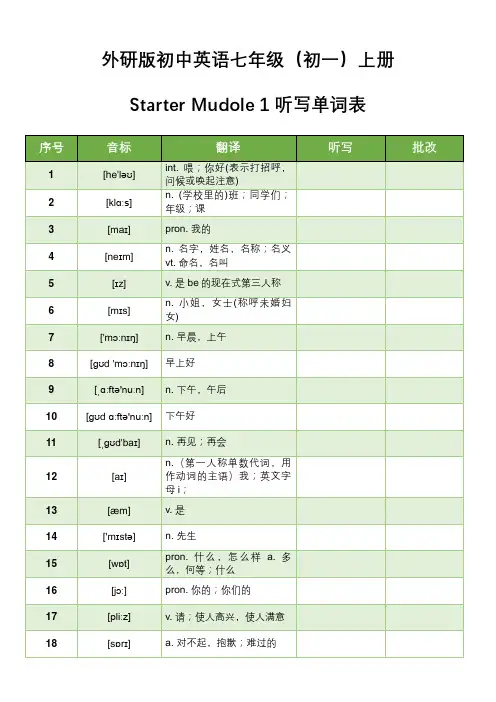 外研版初中英语七年级(初一)上册Starter Mudole 1听写单词表