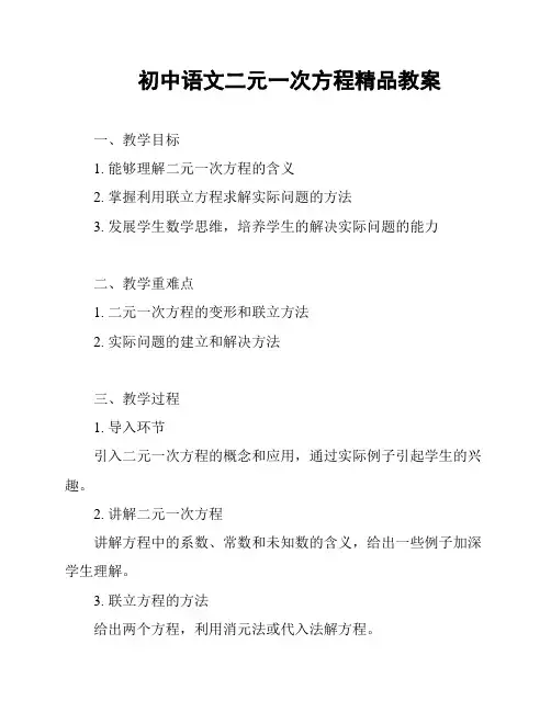 初中语文二元一次方程精品教案