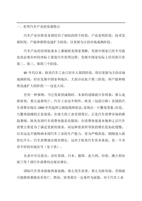 世界汽车的发展特点与中国汽车的比较优势