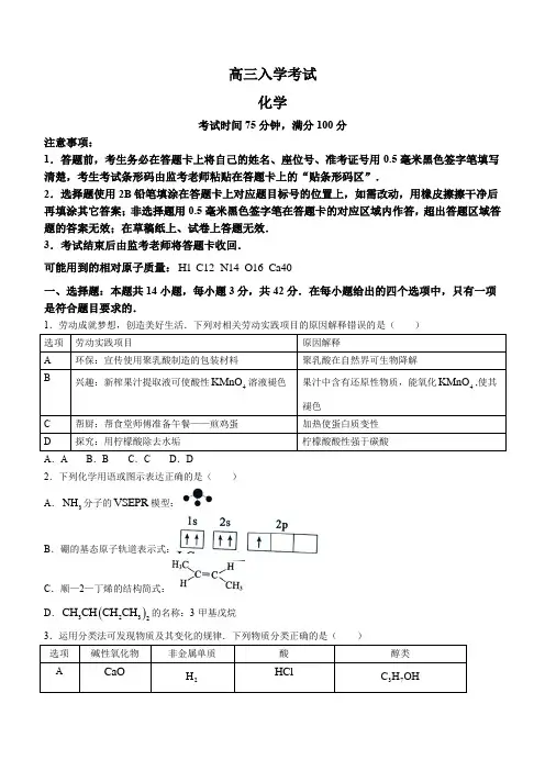 四川省成都市蓉城名校联考2024-2025学年高三上学期入学考试化学试题(含答案)