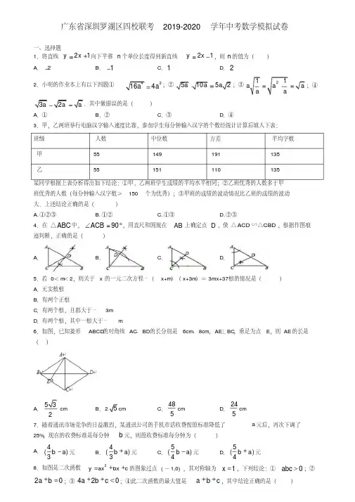 广东省深圳罗湖区四校联考2019-2020学年中考数学模拟试卷