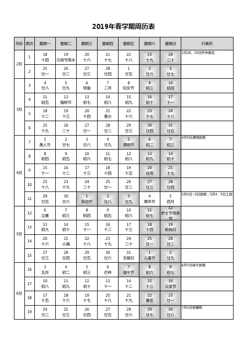 陈滩小学2019年春学期周历表行事历