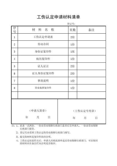 工伤认定申请材料清单