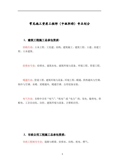 常见施工资质中工程师(中级职称)专业划分表