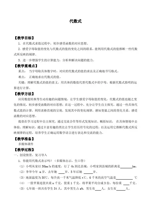 北师大版七年级数学上册：3.2 代数式  教案3