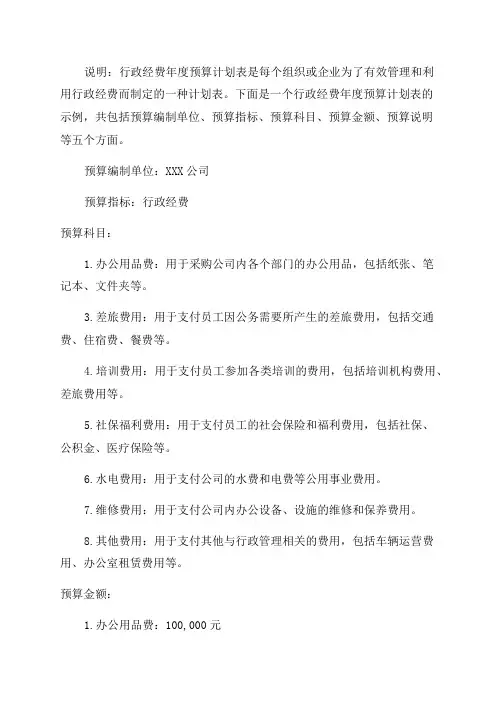 行政经费年度预算计划表