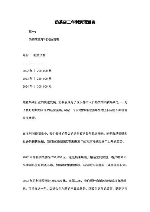 奶茶店三年利润预测表