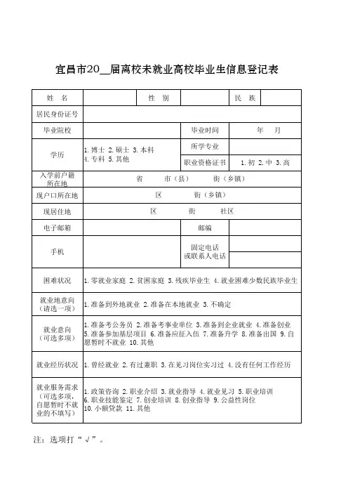 离校未就业高校毕业生信息登记表