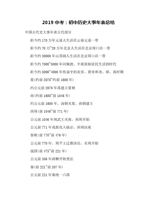 2019中考：初中历史大事年表总结