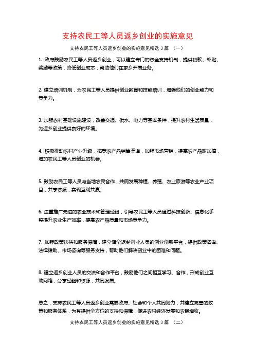 支持农民工等人员返乡创业的实施意见3篇
