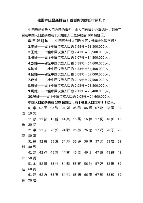 我国姓氏最新排名！看看你的姓氏排第几？
