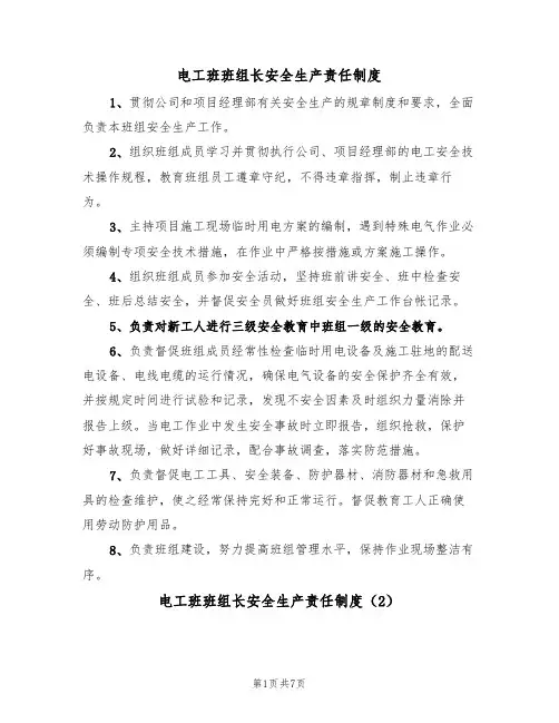 电工班班组长安全生产责任制度（5篇）