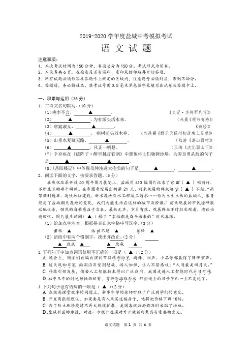 2019-2020学年度盐城中考模拟考试初三语文模拟试卷及答案