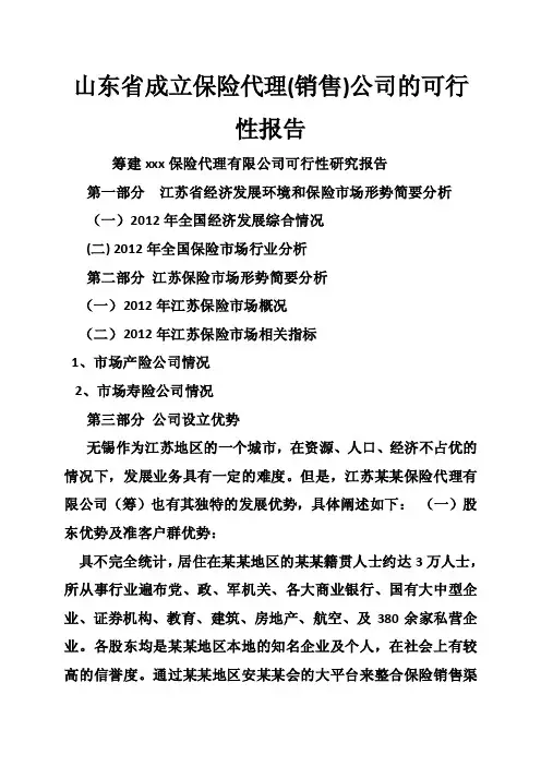 山东省成立保险代理（销售）公司的可行性报告