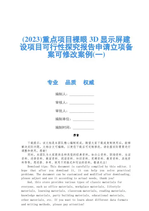 (2023)重点项目裸眼3D显示屏建设项目可行性研究报告申请立项备案可修改案例(一)