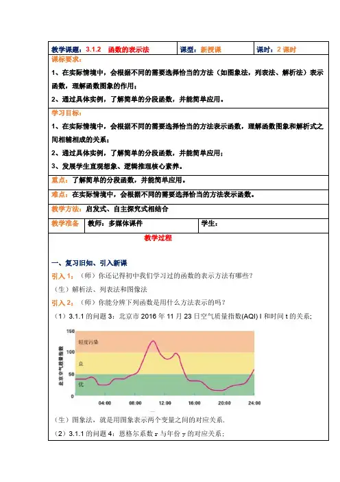 3.1.2函数的表示法+教案-2022-2023学年高一上学期数学人教A版(2019)必修第一册