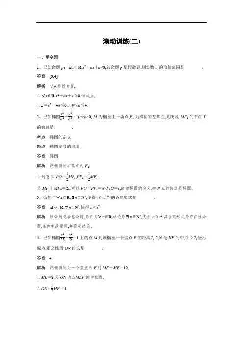 2018-2019数学新学案同步精选练习选修2-1苏教版：第2章 圆锥曲线与方程 滚动训练(二) Word版含答案