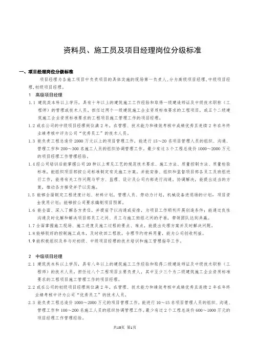 工程部资料员.施工员及项目经理岗位分级标准