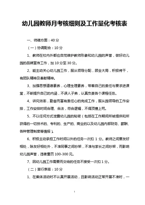 2020幼儿园教师月考核细则及工作量化考核表(精华版)