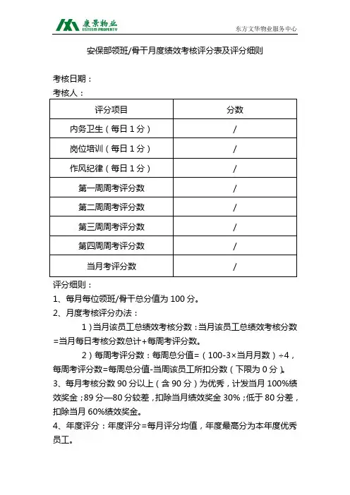 领班月度绩效考核评分表及评分细