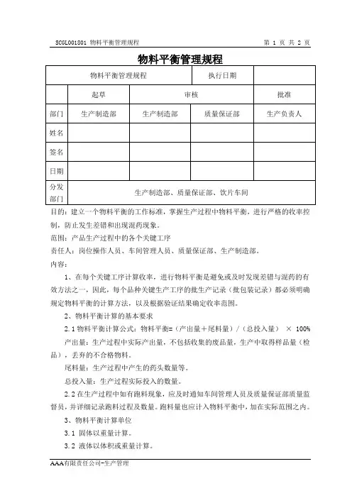GMP体系文件物料平衡管理规程