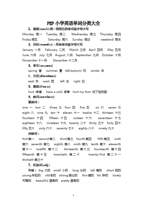 PEP小学英语单词分类大全