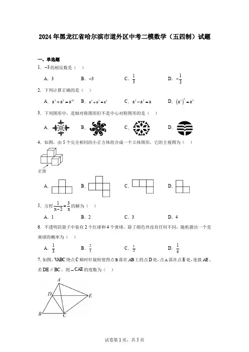 2024年黑龙江省哈尔滨市道外区中考二模数学(五四制)试题