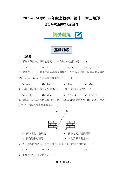 2023-2024学年八年级上学期数学：与三形有关的线段(附答案解析)