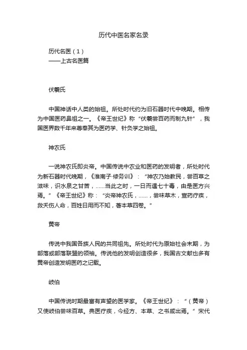 历代中医名家名录