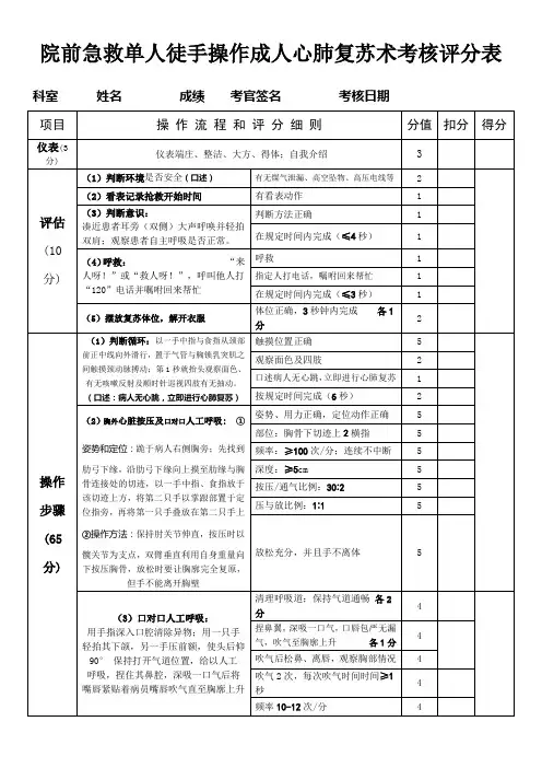 院前急救单人徒手操作成人心肺复苏术考核评分表