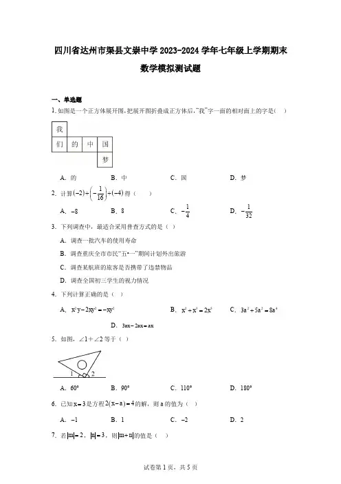 四川省达州市渠县文崇中学2023-2024学年七年级上学期期末数学模拟测试题