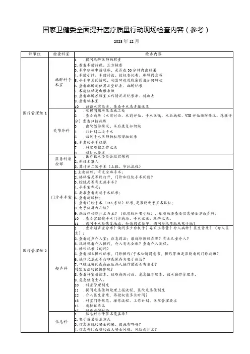 2023国家卫健委全面提升医疗质量行动现场检查内容(参考)