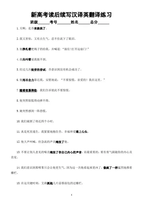 高中英语新高考读后续写汉译英翻译练习(附参考答案)