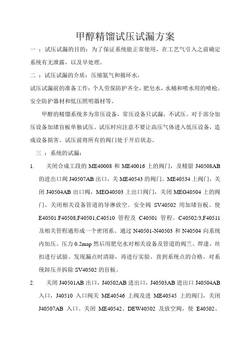 甲醇精馏试压试漏方案