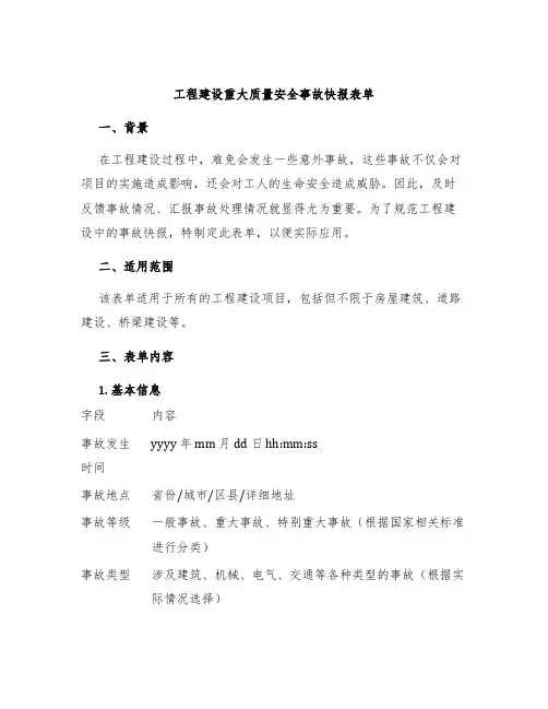 工程建设重大质量安全事故快报表单