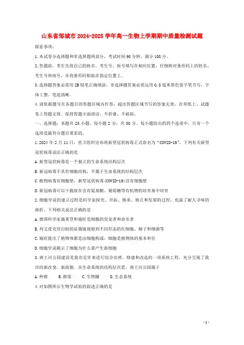 山东省邹城市2024_2025学年高一生物上学期期中质量检测试题