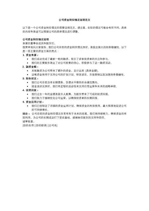 公司资金到位情况说明范文