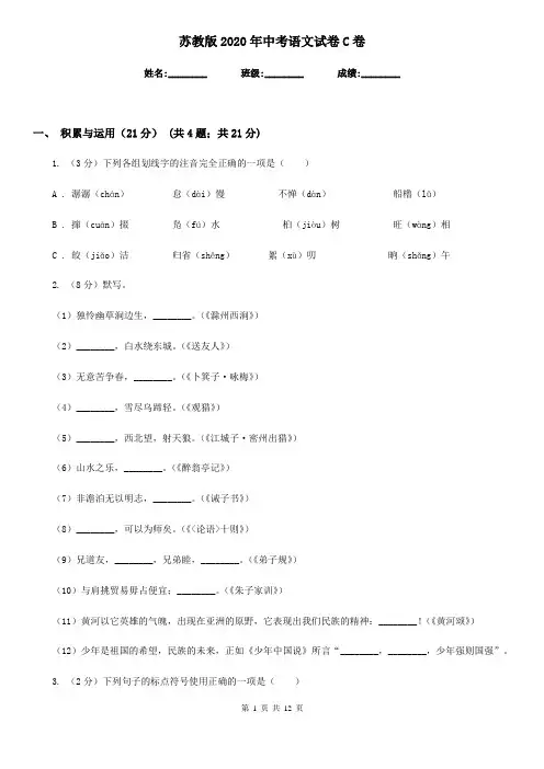 苏教版2020年中考语文试卷 C卷