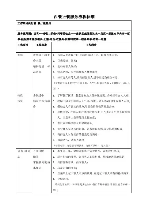 五星级酒店西餐厅正餐服务程序及标准