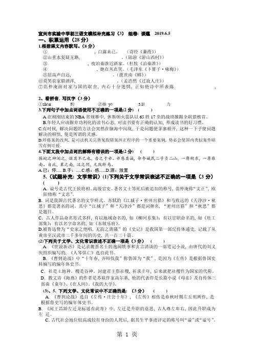 江苏省宜兴市实验中学初三语文模拟补充练习三(无答案)