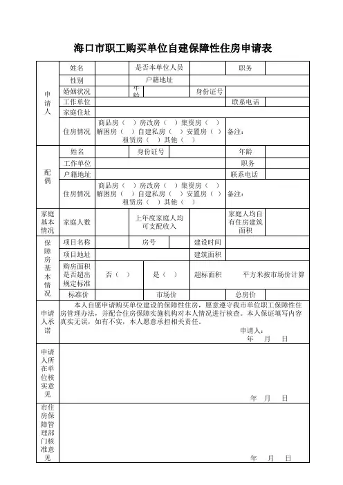 海口市职工购买单位自建保障性住房申请表