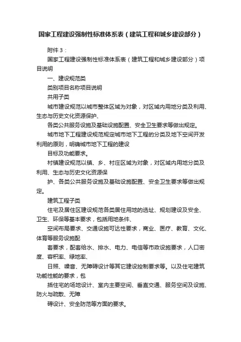 国家工程建设强制性标准体系表（建筑工程和城乡建设部分）