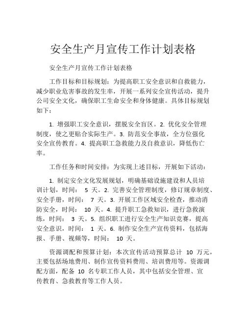 安全生产月宣传工作计划表格