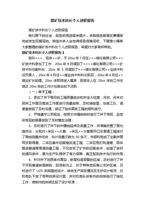 煤矿技术科长个人述职报告