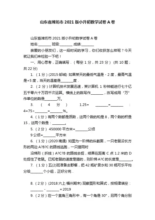 山东省潍坊市2021版小升初数学试卷A卷