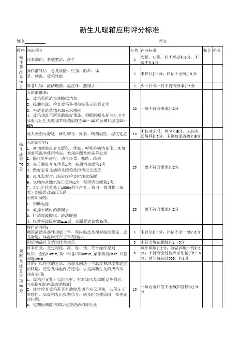 新生儿暖箱应用评分标准