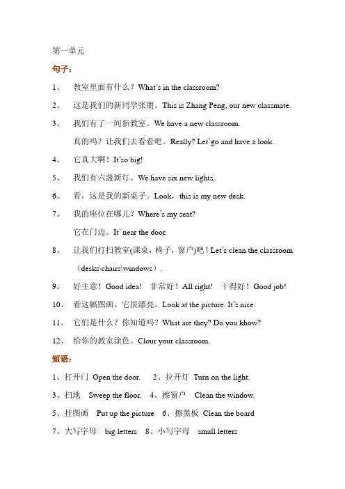 四年级下册英语句型复习Unit1