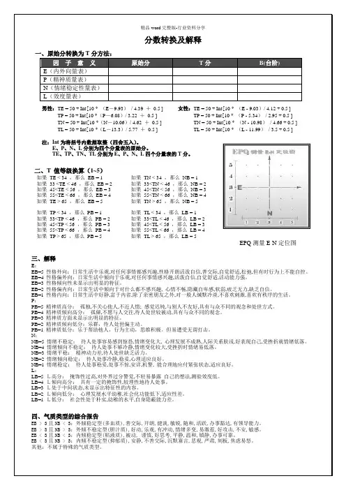 EPQ(成人)分数转换及解释