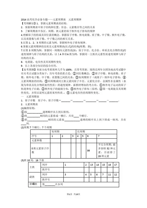 2014年高考化学必备专题复习——元素周期表元素周期律